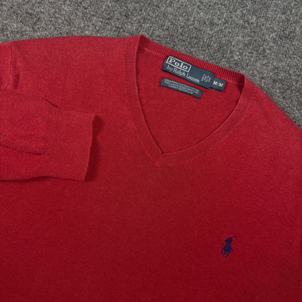 Polo Ralph Lauren Mens Red Pima Cotton V-Neck Sweater Size Medium Pony Logo